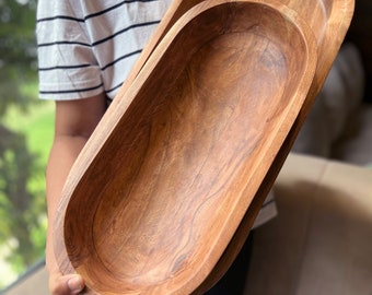 Tazón de pan extra grande tallado a mano hecho a mano, tazón de masa de madera hecho a mano grande, tazón de madera rústica de decoración de granja, centros de mesa para mesa de comedor