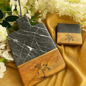 Black Marble Cutting Board And Coaster Set, Wedding Gift For Couple, Personalized Initials Cheeseboard, Custom Engraved Charcuterie Board