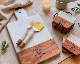 Personalized Marble and Mango Wood Paddle Charcuterie Board with Cutlery, Engraved Botanical Initials Wedding Gift for Couples