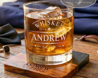 Ensemble de verres à whisky personnalisés et de sous-verres noirs : verre à whisky gravé 10 oz, cadeau pour la fête des pères