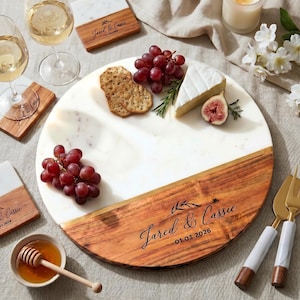 Personalized Round Charcuterie Board with Cutlery Set: Newlywed Gift, Thanksgiving Hosting, Marble Serving Board