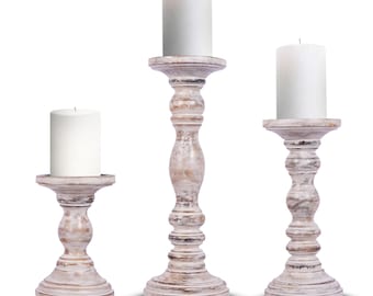 Set of 3 Rustic Wooden Pillar Candle Holders, Farmhouse Decor, Mango Wood Candlesticks