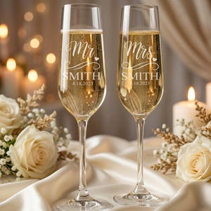 Wedding Champagne Flutes Set of 2, Personalized Bride and Groom Glasses, Wedding Gift