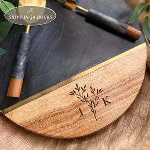 Custom Initial Cheese Board, Monogrammed Cutting Board Gift, Personalized Gift, Cheeseboard Initials, Round Marble And Wood Charcuterie