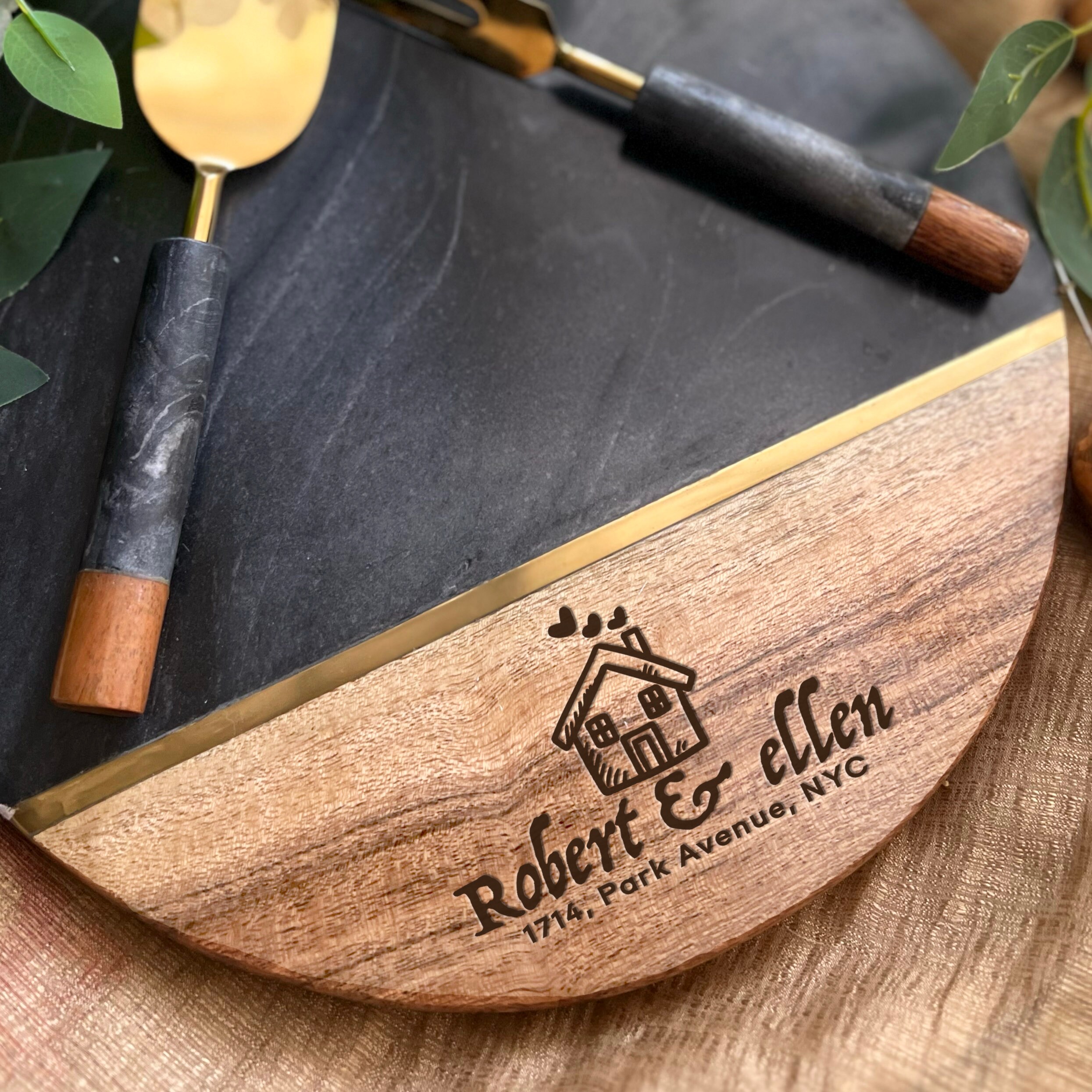 Personalized Cheeseboard w Cutlery Set / Charcuterie Board / Housewarming Gift / Engraved Cheese Board / Wedding Gift / Engagement Gift