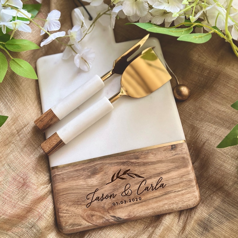 Personalized Marble Wood Cutting Board with Coaster, Engagement Gift, Wedding Gift, Custom Name Cutting Board, Bridal Shower Gift For Her