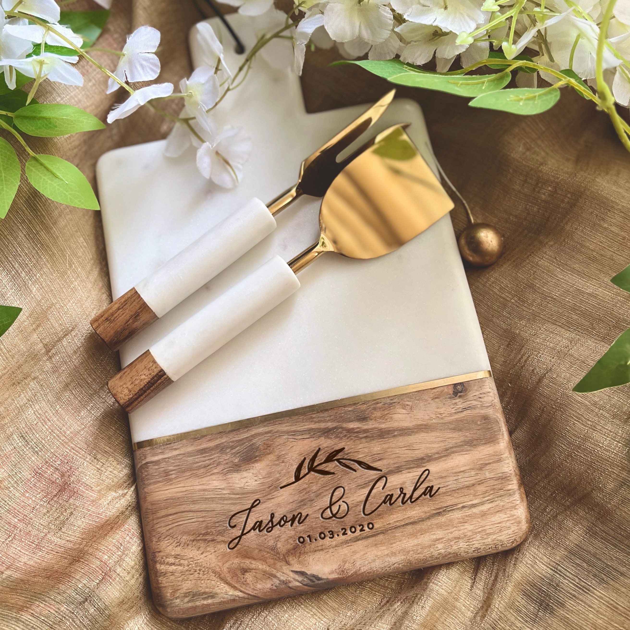 Personalized Marble Wood Cutting Board with Coaster, Engagement Gift, Wedding Gift, Custom Name Cutting Board, Bridal Shower Gift For Her