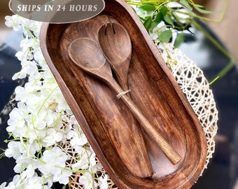 Handmade Dark Wooden Dough Bowl: Rustic Serving Dish, 17 Inch Centerpiece