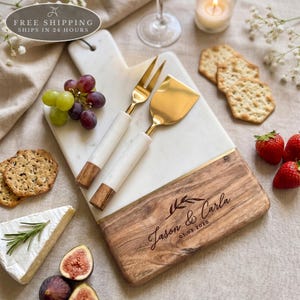 Personalized Marble and Acacia Cheese Board with 2-Piece Cutlery, Engraved Couple Names and Wedding Date Gift