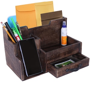 Organiseur de bureau avec support pour téléphone portable Parfaite trieuse de courrier ou organisateur de fournitures scolaires pour bureau, table et comptoir Rustic Black