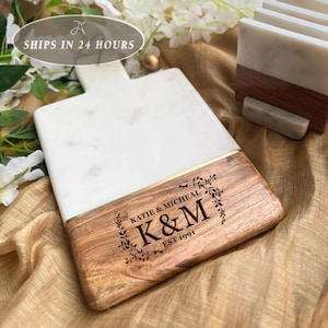 Personalized Marble and Mango Wood Cheese Board with Matching Coasters, Engraved Couple Initials and Established Year Anniversary Gift