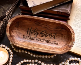 Engraved Wooden Dough Bowl, Large Prayer Bowl, Hand Carved Bowl, Religious Present, Handmade Wood Bowl, Housewarming Gift