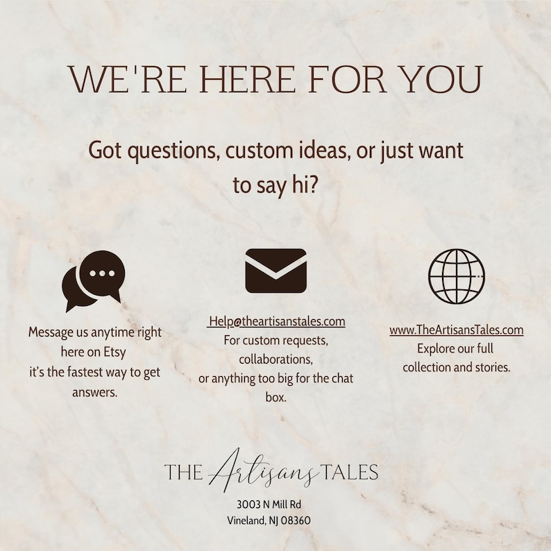 The image is a promotional poster for a company called "The ArtisansTales". It features a message asking for help with questions, custom ideas, or just wanting to chat, along with three icons representing different ways to communicate with the company.