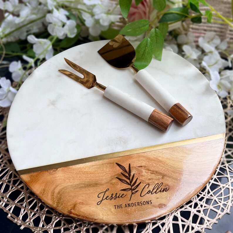 Customized Cutting Board, Fall Host Gift, Thanksgiving Centerpiece, Personalized Charcuterie Board, Marble Cheeseboard Set, Engagement Gift image 10