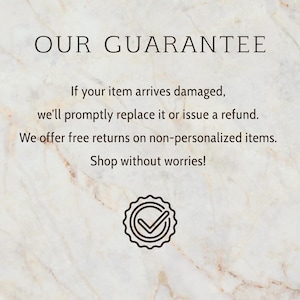 a text-based advertisement with a guarantee for a product, stating that if the item arrives damaged, it will be replaced or issued a refund. The guarantee also mentions that the company offers free returns on non-personalized items and encourages shoppers to shop without worries.