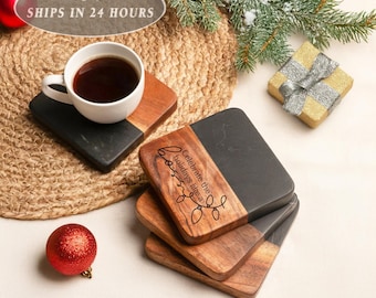 Petit cadeau pour patron, ensemble de sous-verres de Noël, bas de Noël, cadeaux uniques pour lui, sous-verres en bois marbré, service des fêtes, cadeau de bureau drôle