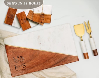 Custom Coaster and Cutting Board, Personalized Charcuterie Board, Home Gift For Mom, Marble Cheese Board, Grandma Gift, Wood Engraved Board