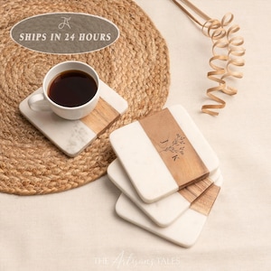 Engraved Marble Wood Coasters, Small Gift, Wood Anniversary Gift, Drink Coasters, Christmas Gift For Her, Holiday Hosting Decor, Stuffer