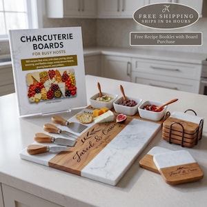 Personalized Marble and Wood Charcuterie Board Set with Cheese Knives and Optional Coasters, Engraved Names and Date Wedding Gift