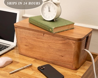 Mango Wood Cable Management Box | Extra Large Cord Organizer with Magnetic Lid