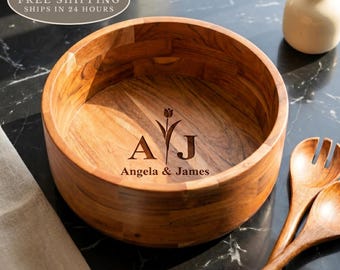 Personalized Acacia Wood Salad Bowl Set with 2-Piece Wooden Cutlery Set: Thanksgiving day, Christmas Gift, Wedding Gift, Housewarming Decor