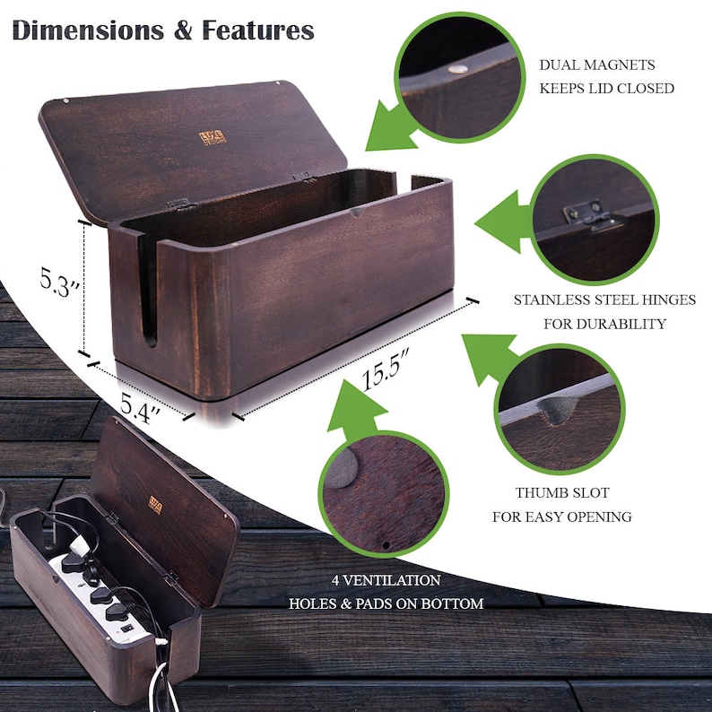 Premium Wood Cable Organizer Box Handcrafted Ideal Cord Concealer for Home, Game Room, Tech Keep Cables Neat and Tidy Clean image 5