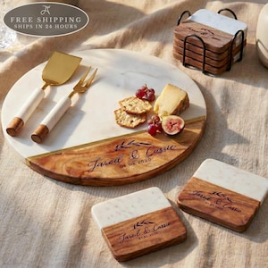 Personalized Round Marble and Mango Wood Charcuterie Board Set with Cutlery and Coasters, Engraved Couple Names and Wedding Date