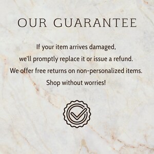 a text-based advertisement with a guarantee for a product, stating that if the item arrives damaged, it will be replaced or issued a refund. The guarantee also mentions that the company offers free returns on non-personalized items and encourages shoppers to shop without worries.