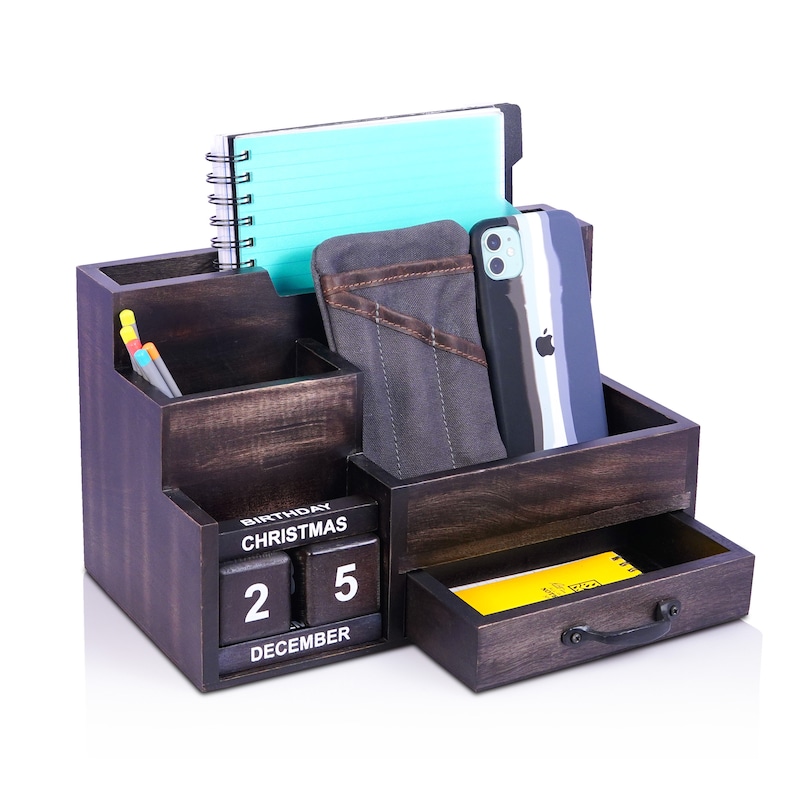Wood Desk Organizer for Back to School, Home Office, Mail Room, Cell Phone Holder, and Kitchen Storage image 2