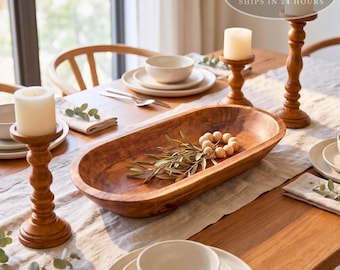 Wooden Dough Bowl Centerpiece: Handmade Bowl with Candle Holders, Large & XLarge