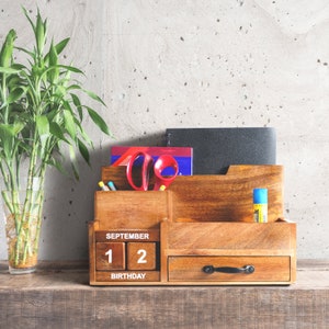 Wood Desk Organizer for Back to School, Home Office, Mail Room, Cell Phone Holder, and Kitchen Storage Natural Wood