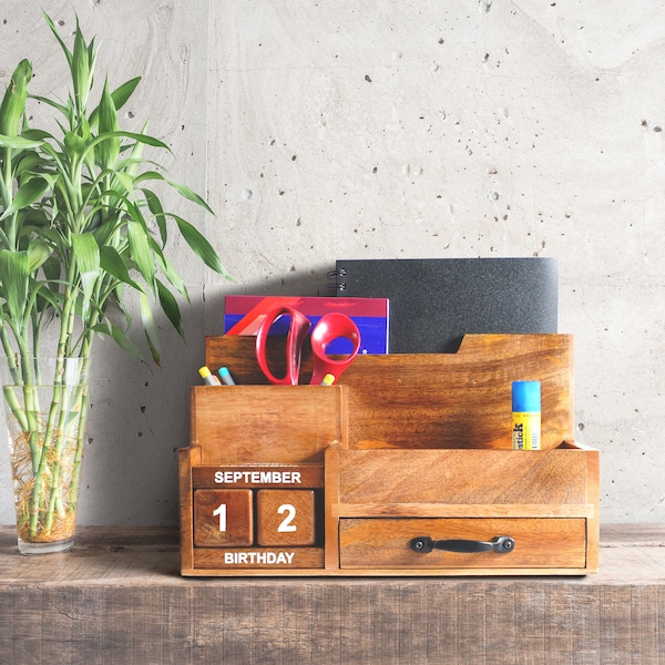 Wood Desk Organizer for Back to School, Home Office, Mail Room, Cell Phone Holder, and Kitchen Storage