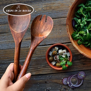 Acacia Wood Salad Servers, Wooden Spoon and Fork Set