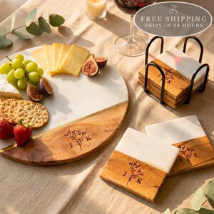 Personalized Olive Branch Charcuterie Board with 2-Piece Cutlery Set: Engaged Couple Gift, Wedding Hosting, Marble Serving Board,