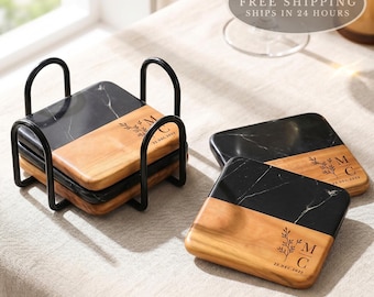 Personalized Black Marble & Wood Coasters: Wedding Gift, Anniversary Gift, Thanksgiving Hosting