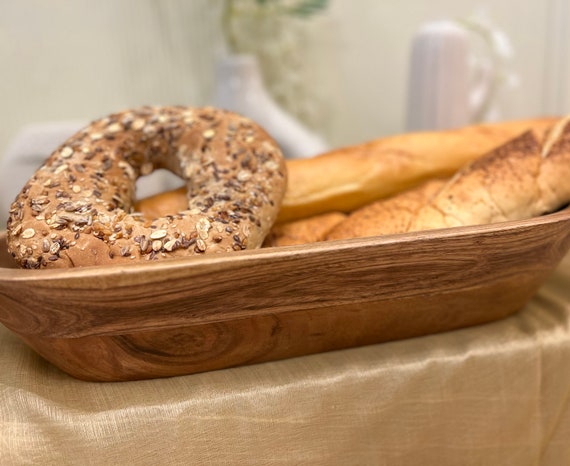 Large Long Carved Dark Wooden Dough Bowl, Bread Proofing, Riser