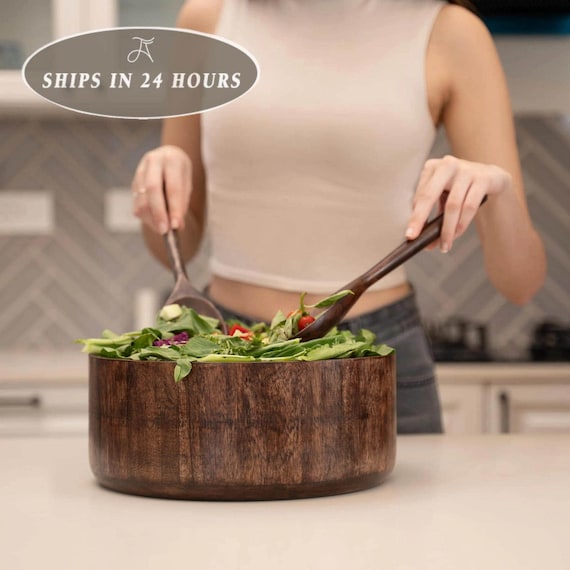 Large Dark Burnt Acacia Salad Bowl with Utensils, Kitchen-And-Dining Centerpiece, Home-Decor, Rustic Dinnerware,Wooden Serving Bowl,Tabletop