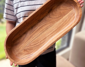 Tazón de masa de madera hecho a mano extra largo, tazón de pan extra grande tallado a mano, tazón de madera rústica de decoración de granja, centros de mesa para mesa de comedor