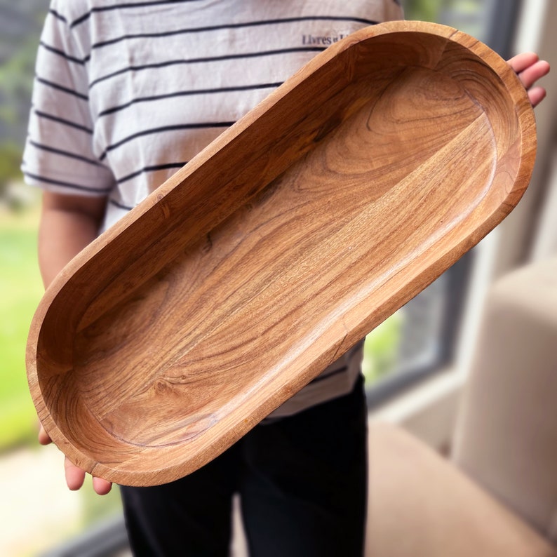 Long Handmade Wood Dough Bowl, Hand Carved Extra Large Bread Bowl, Farmhouse Decor Rustic Wood Bowl, Centerpieces for Dining Table