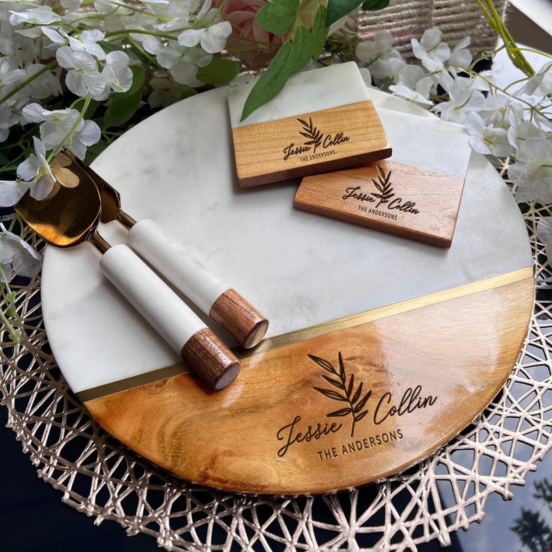 Customized Cutting Board, Fall Host Gift, Thanksgiving Centerpiece, Personalized Charcuterie Board, Marble Cheeseboard Set, Engagement Gift image 6