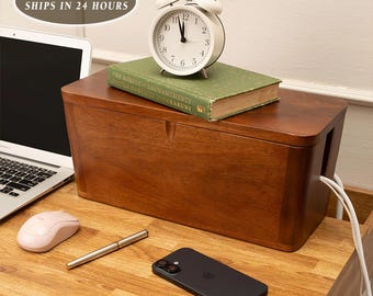 Boîte de gestion des câbles en bois : organiseur de bureau, rangement dissimulé pour câbles, options en bois d'acacia et de manguier