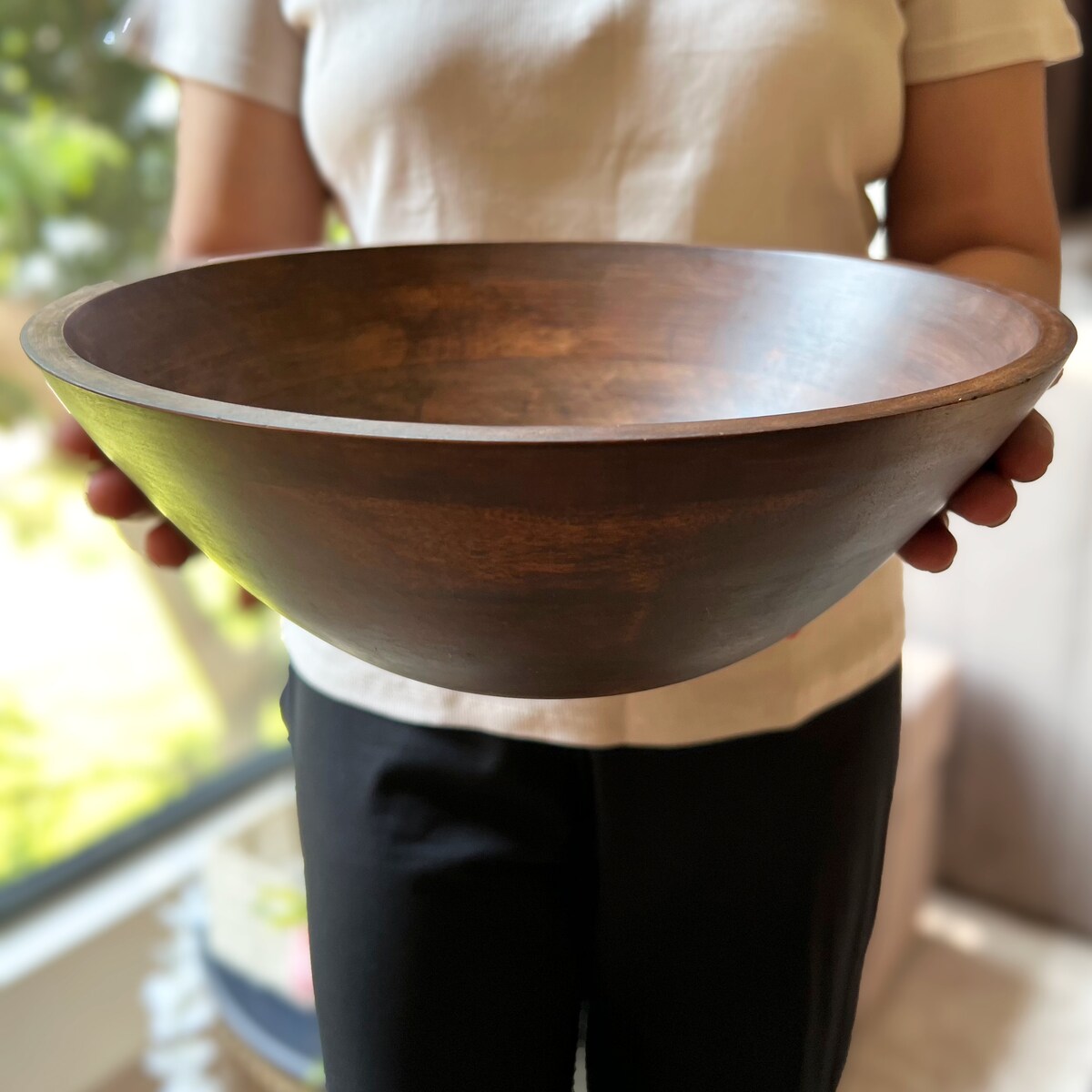 Hand Carved Dark Wood Serving Bowl