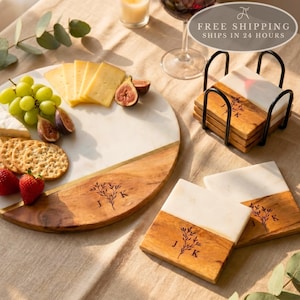 Personalized Olive Branch Charcuterie Board with 2-Piece Cutlery Set: Engaged Couple Gift, Wedding Hosting, Marble Serving Board,