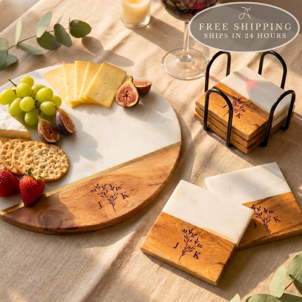 Personalized Olive Branch Charcuterie Board with 2-Piece Cutlery Set: Engaged Couple Gift, Wedding Hosting, Marble Serving Board,