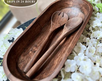 Long Dark Wooden Dough Bowl: Hand Carved Bread Serving Bowl for Holiday Hosting and Rustic Home Decor, 17 Inch Size