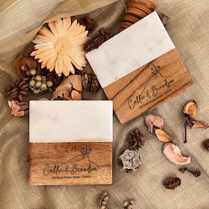 Custom Name Round Marble Wood Premium Engraved Coasters, Wedding, Bridal Shower, Anniversary, Closing Realtor Gift