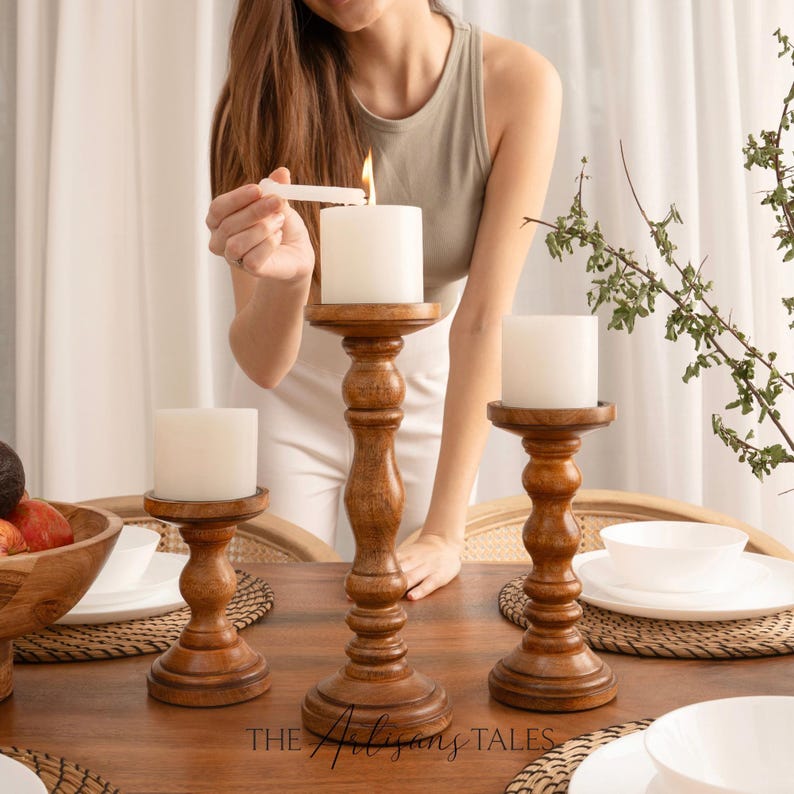 Candlestick Holder, Wood Candle Stand, Dining Table Decor, Wedding Centerpiece, Pillar Candle Holder, Table Centerpiece, Rustic Candle Holder, Tall Candle Holder, Hosting Decor, Wedding Decor, Holiday Decor, Christmas Gifts, Kitchen-And-Dining