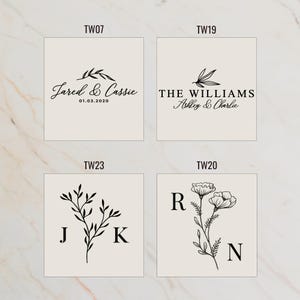 four square images, each featuring a monogram or personalized design. The images are labeled with the names 'Jared & Cassie', 'The Williams Ashley & Charlie', 'JK', and 'RN'.