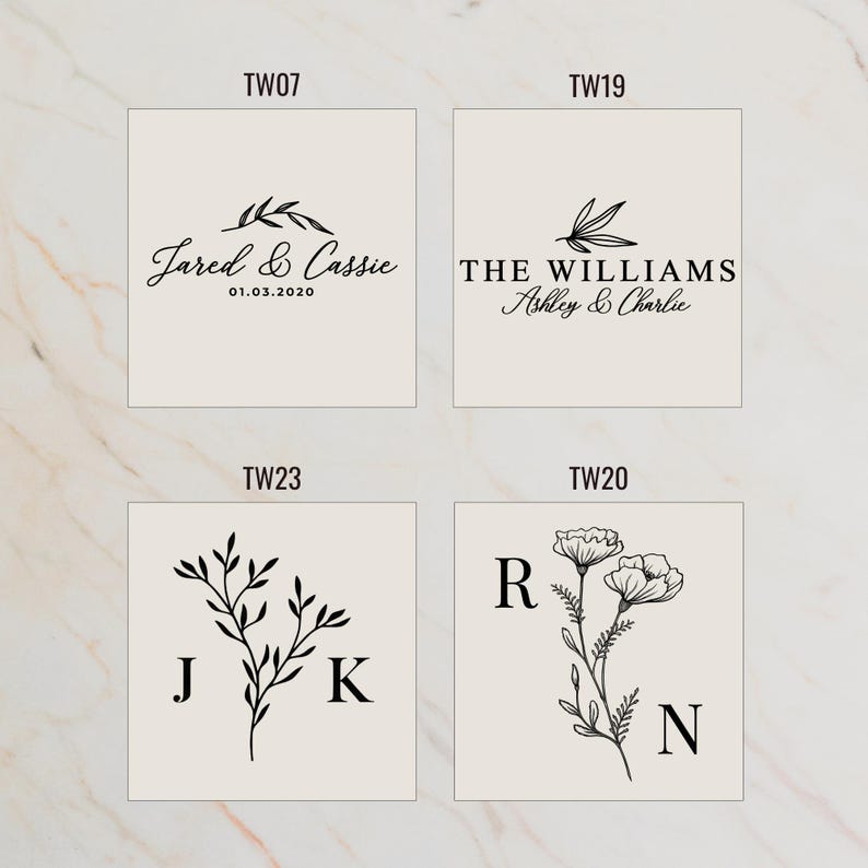 four square images, each featuring a monogram or personalized design. The images are labeled with the names 'Jared & Cassie', 'The Williams Ashley & Charlie', 'JK', and 'RN'.