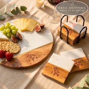 Personalized Marble and Mango Wood Cheese Board with Matching Coasters, Engraved Olive Branch Initials Wedding Gift for Couples